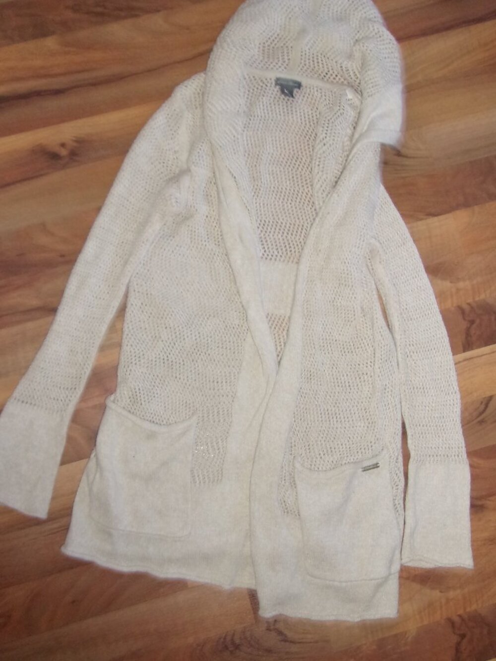 linen cotton Eddie Bauer tan open long sweater coverup womens size small hoodie